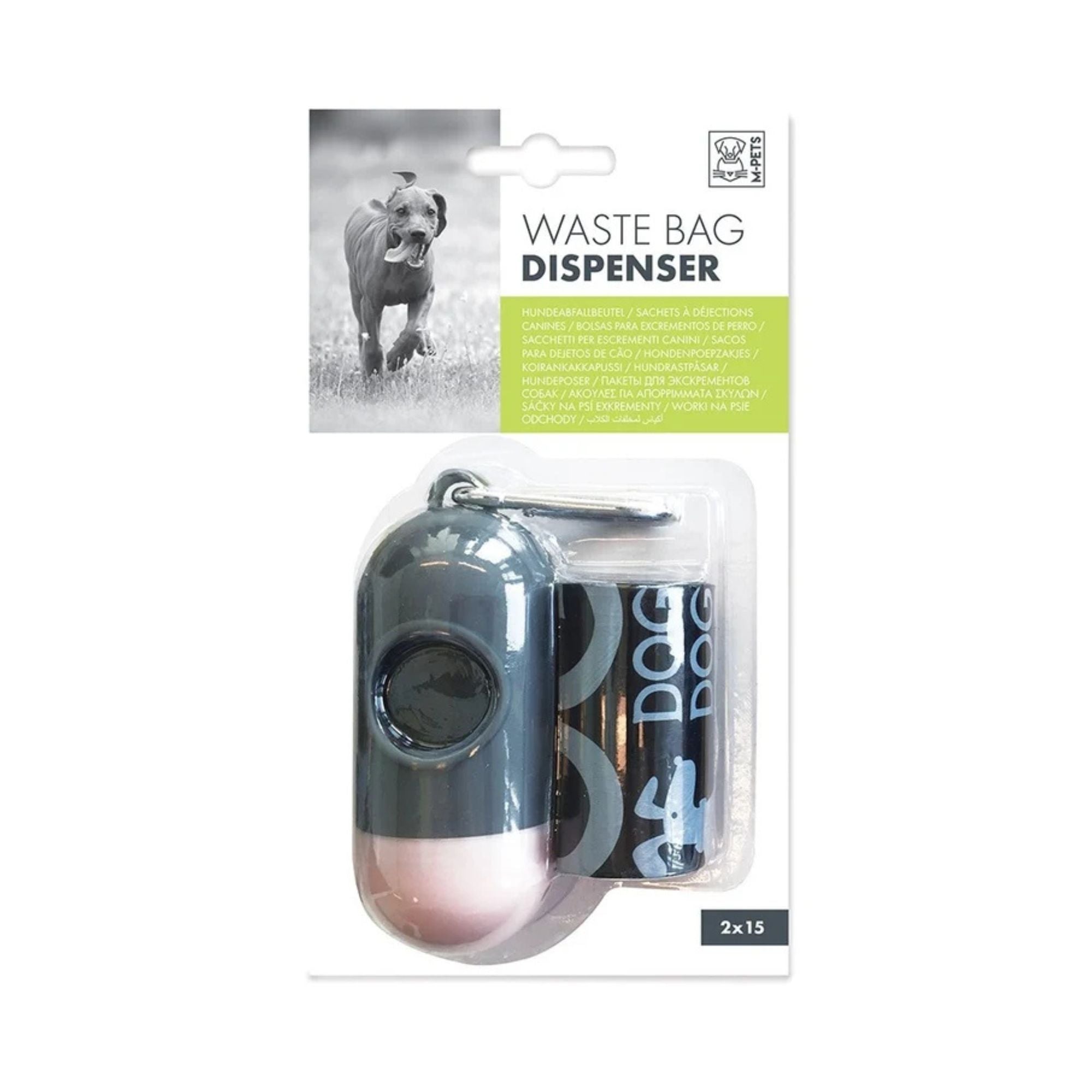 M-PETS charcoal and pink waste bag dispenser in retail packaging
