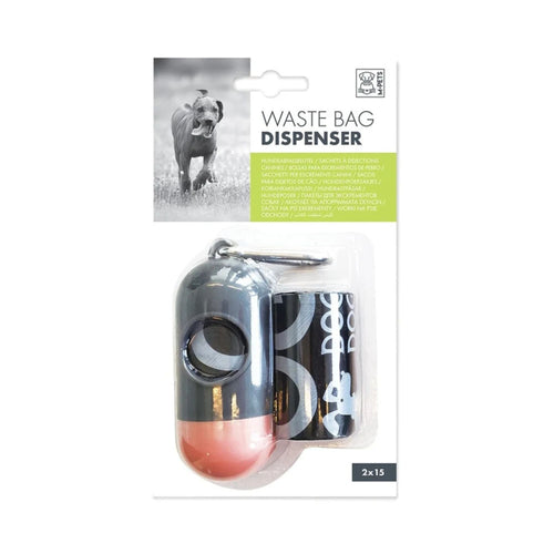 M-PETS charcoal and rose-gold waste bag dispenser in retail packaging