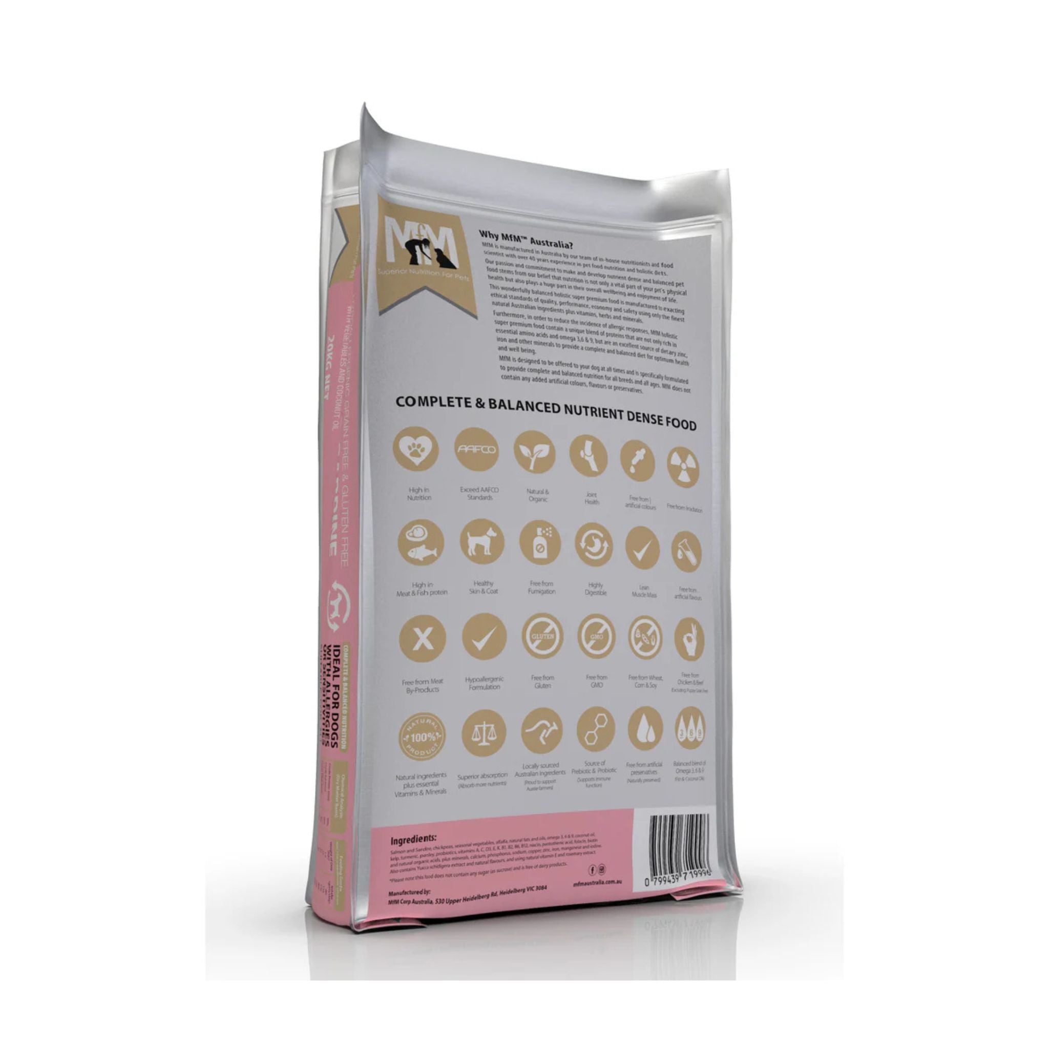 Meals for Mutts Salmon & Sardine Grain-Free Dog Food, back of branded packaging displaying features and benefits.