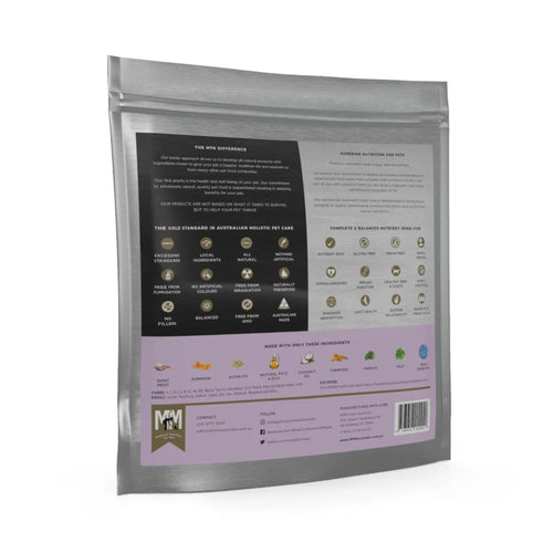 Back of Meals for Meows Goat Kitten Food bag with feeding guide and key benefits