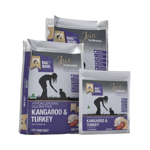 Meals for Meows Kangaroo & Turkey Cat Food range – 2.5kg, 9kg, and 20kg bags of gluten-free dry cat food for all breeds