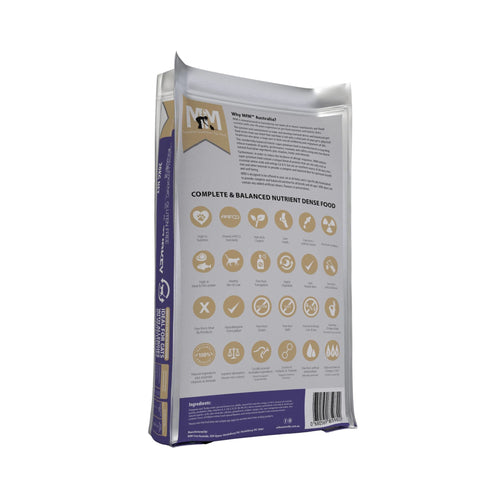 Back of Meals for Meows Kangaroo & Turkey Cat Food bag showing feeding guide, nutritional analysis, and benefits