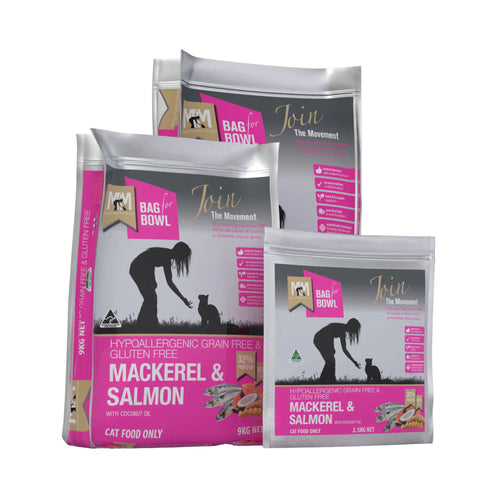 Meals for Meows Mackerel & Salmon Cat Food range – 2.5kg, 9kg, and 20kg grain-free dry food bags for cats of all breeds