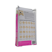 Back of Meals for Meows Mackerel & Salmon Cat Food bag showing nutritional benefits, and ingredients