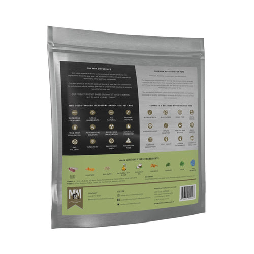 Back of Meals for Meows Single Protein Duck Cat Food 2.5kg bag showing nutritional analysis and benefits panel