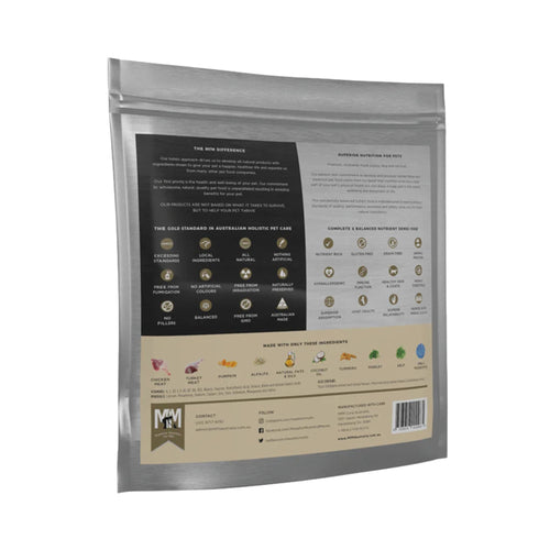 Back of Meals for Meows Turkey & Chicken Kitten Food bag with nutritional benefits and feeding guide