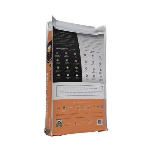 Back of Meals for Mutts Bacon and Eggs adult dry dog food 14kg bag showing ingredients and nutrition