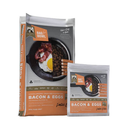 Meals for Mutts Bacon and Eggs adult dry dog food bags in 2.5kg and 14kg sizes front view
