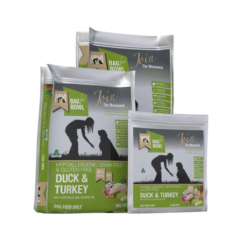 Meals for Mutts Duck & Turkey Dry Dog Food packaging range - Australian-made super premium dog food