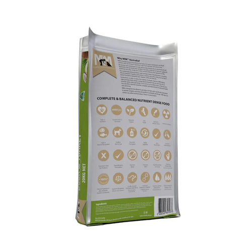 Back of Meals for Mutts Duck & Turkey Dog Food bag showing feeding guide, nutritional analysis, and benefits