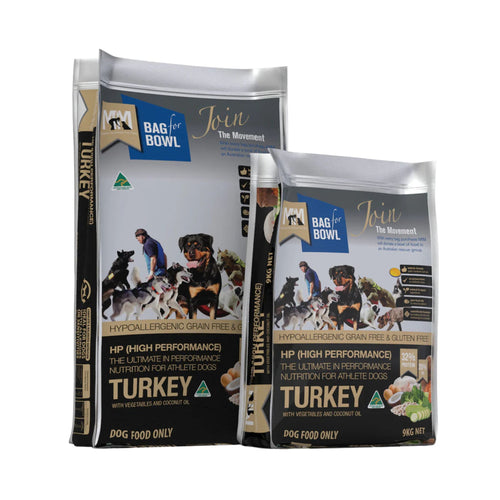Meals for Mutts High Performance Turkey adult dry dog food bags in 9kg and 20kg sizes front view