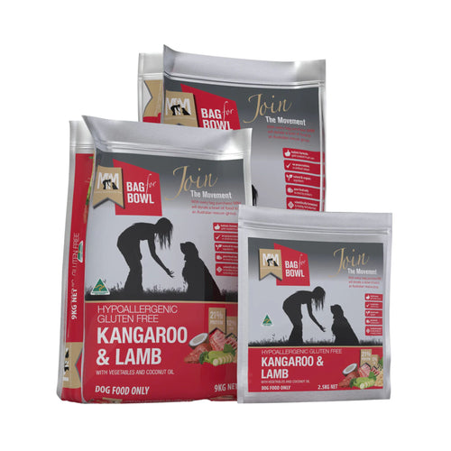 Meals for Mutts Kangaroo and Lamb adult dry dog food bags in 2.5kg, 9kg, and 20kg sizes front view
