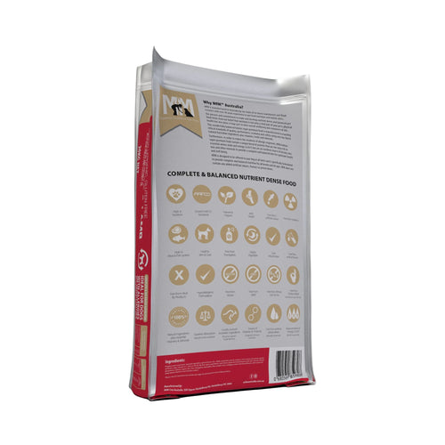 Back of Meals for Mutts Kangaroo and Lamb adult dry dog food 20kg bag showing ingredients and nutrition