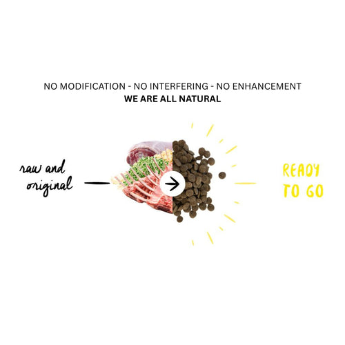 Meals for Mutts natural dog food graphic with text no modification, no interfering, no enhancement, featuring half raw ingredients and half kibble