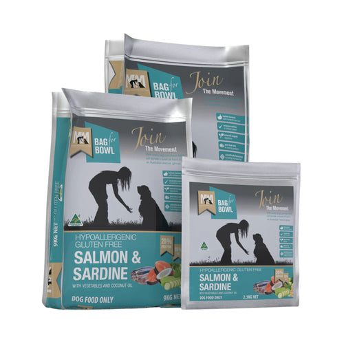 Meals for Mutts Salmon & Sardine – Gluten Free Dry Dog Food bags in 2.5kg, 9kg, and 20kg sizes