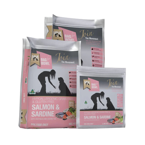 Meals for Mutts Salmon & Sardine Dry Dog Food packaging range - Australian-made super premium grain-free dog food