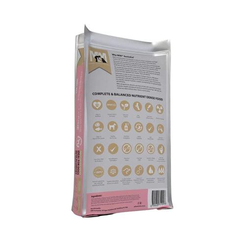 Back of Meals for Mutts Salmon & Sardine Dog Food bag showing feeding guide, nutritional analysis, and benefits