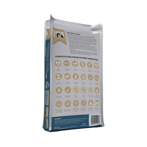 Back of Meals for Mutts Salmon & Sardine (Large Kibble) adult dog food bag showing nutritional information