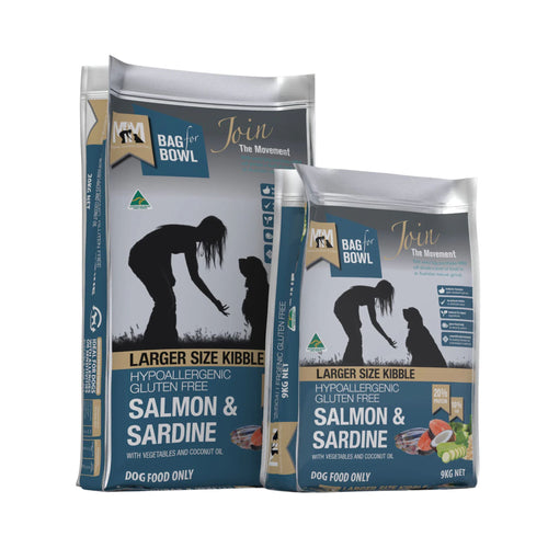Meals for Mutts Salmon & Sardine (Large Kibble) Adult Dog Food bags in 9kg and 20kg sizes