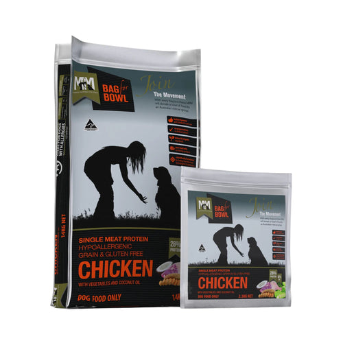 Meals for Mutts Single Meat Protein Chicken dry dog food bags in 2.5kg and 14kg sizes front view