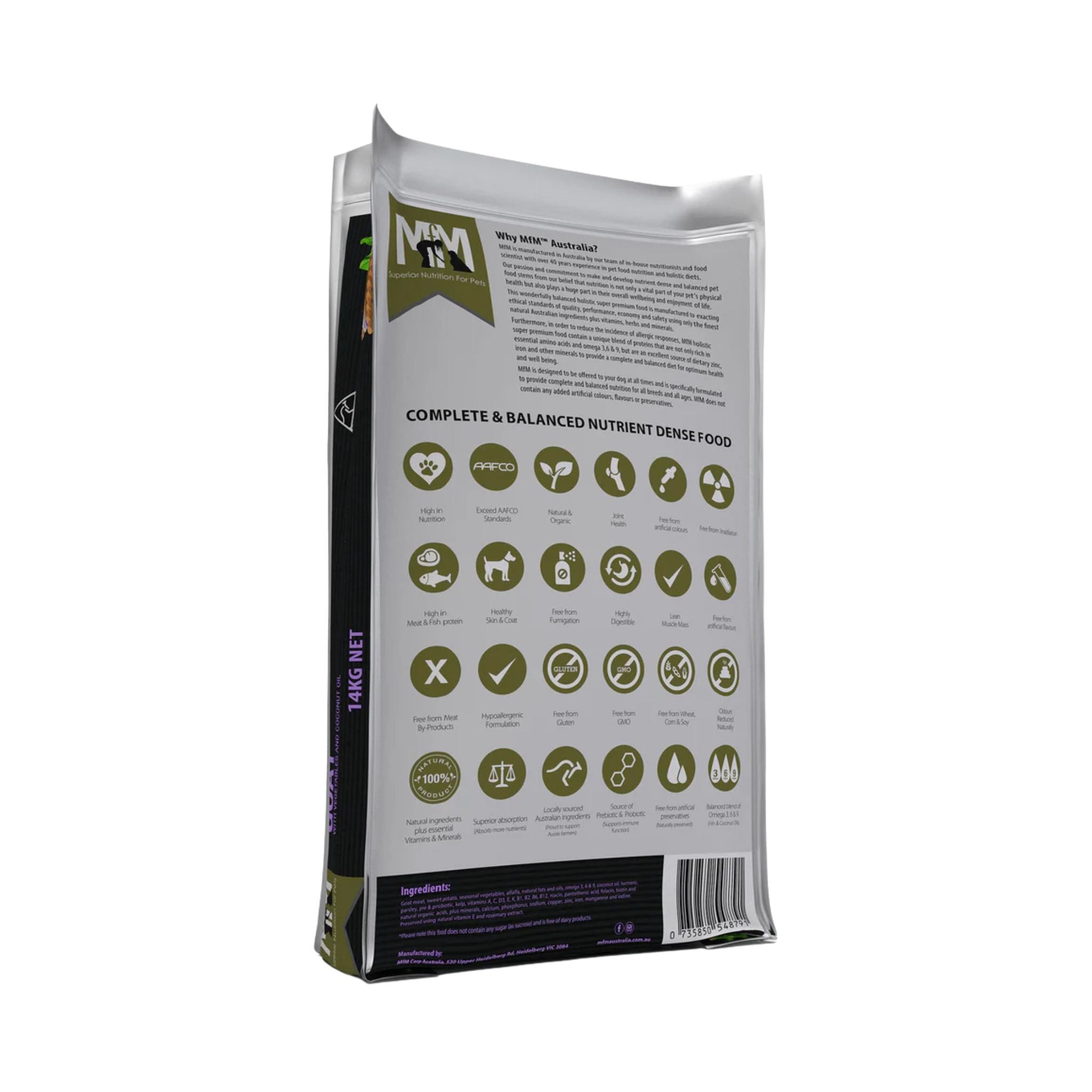 Back of Meals for Mutts Single Meat Protein Goat dry dog food 14kg bag showing ingredients and nutrition