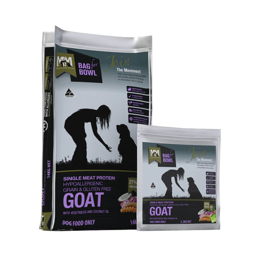 Meals for Mutts Single Meat Protein Goat dry dog food bags in 2.5kg and 14kg sizes front view