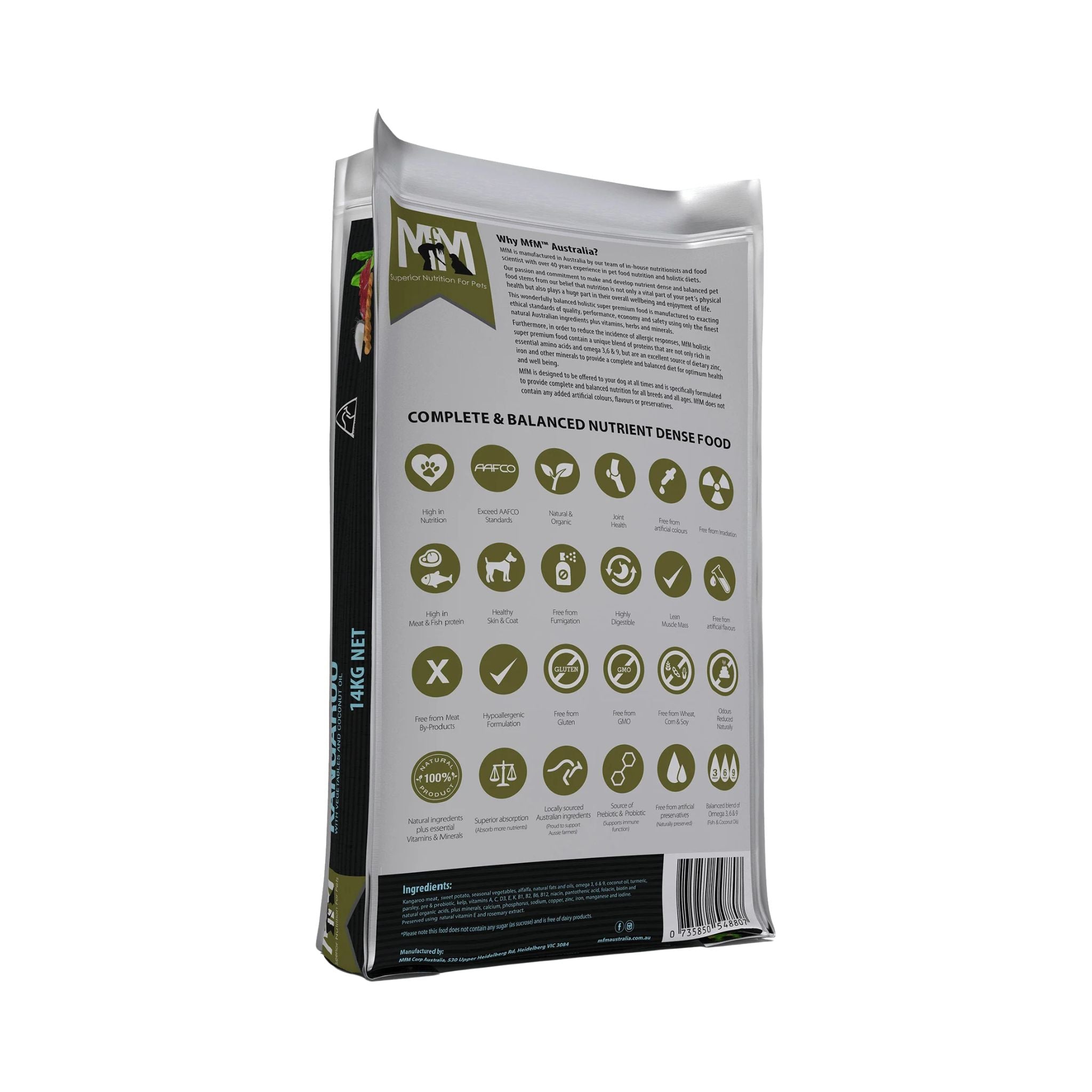 Back of Meals for Mutts Single Meat Protein Kangaroo dry dog food 14kg bag showing ingredients and nutrition