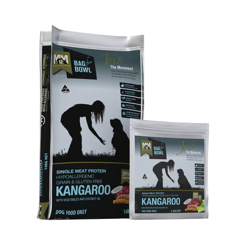 Meals for Mutts Single Meat Protein Kangaroo dry dog food bags in 2.5kg and 14kg sizes front view