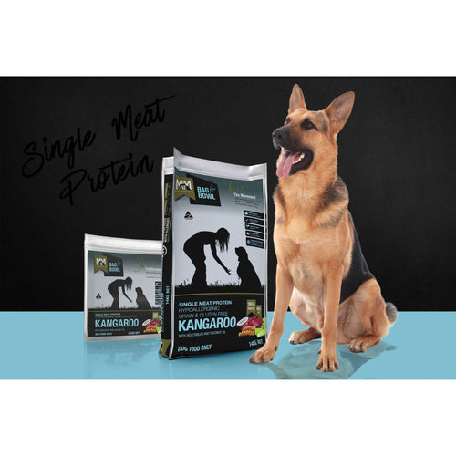 Meals for Mutts Single Meat Protein Kangaroo dry dog food bags beside a relaxed dog