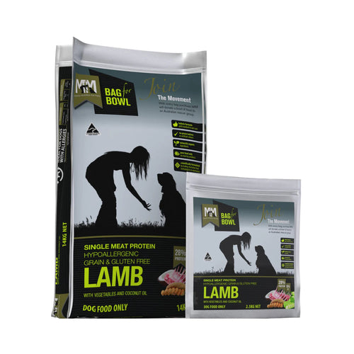 Meals for Mutts Single Meat Protein Lamb dry dog food bags in 2.5kg and 14kg sizes front view