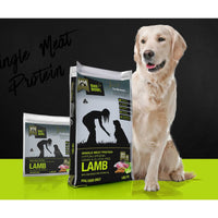 Meals for Mutts Single Meat Protein Lamb dry dog food bags beside a relaxed dog