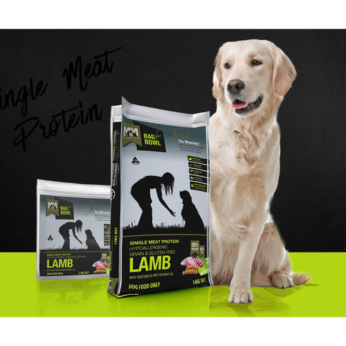 Meals for Mutts Single Meat Protein Lamb dry dog food bags beside a relaxed dog