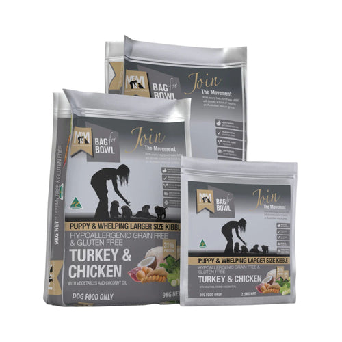 Meals for Mutts Turkey & Chicken Dry Puppy Food packaging range - Australian-made super premium dog food