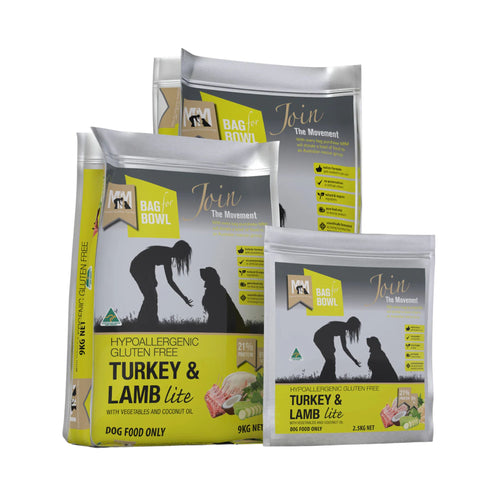 Meals for Mutts Turkey and Lamb Lite adult dry dog food bags in 2.5kg, 9kg, and 20kg sizes
