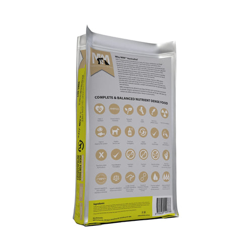 Back of Meals for Mutts Turkey and Lamb Lite adult dry dog food 20kg bag showing nutritional information