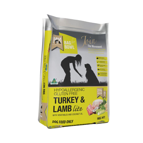 Meals for Mutts Turkey and Lamb Lite dry adult dog food 9kg bag front