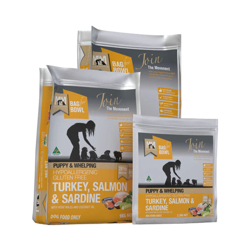 Meals for Mutts Turkey, Salmon & Sardine Dry Puppy Food packaging range - Australian-made super premium dog food