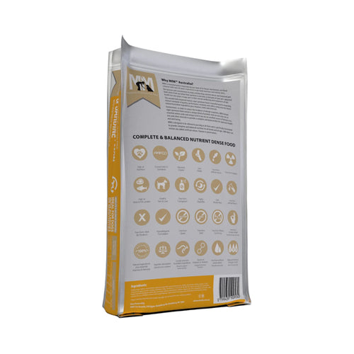 Back of Meals for Mutts Turkey, Salmon & Sardine Puppy Food bag showing feeding guide, nutritional analysis, and benefits