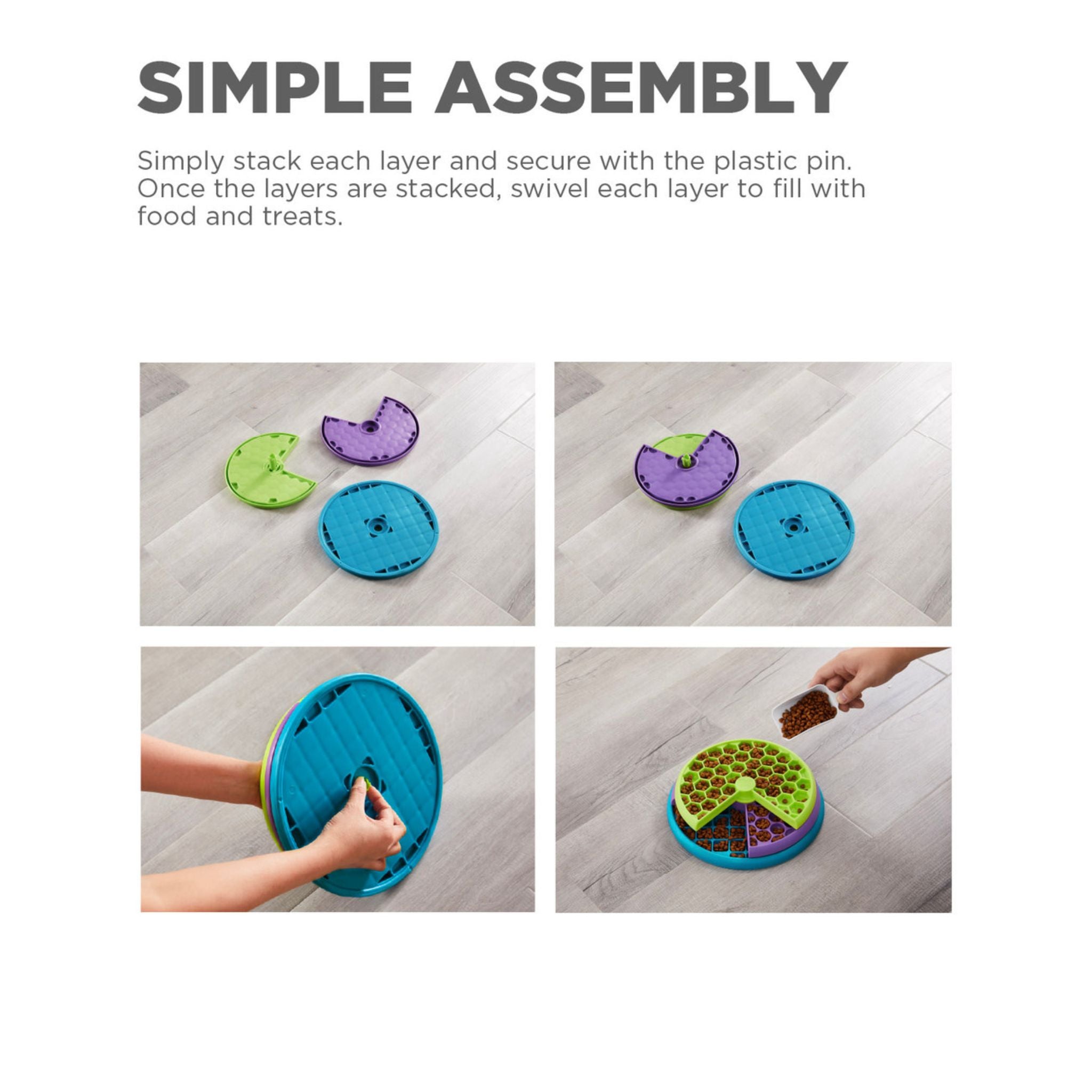Four-step guide to stacking and securing the Lickin' Layers puzzle layers with the centre pin