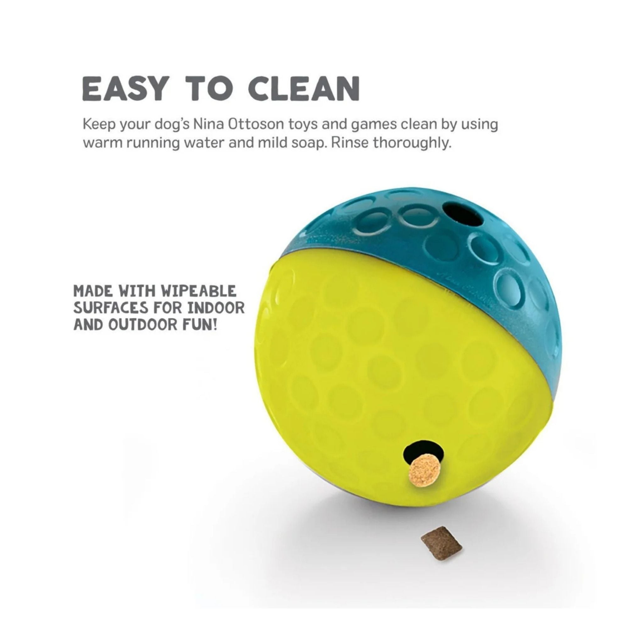 Infographic showing the wipeable surface of the Nina Ottosson Treat Tumble and care instructions for indoor and outdoor use.