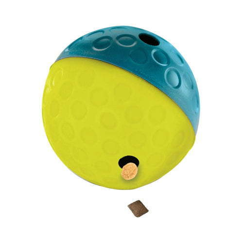 Nina Ottosson Treat Tumble dog puzzle ball, Small, blue and yellow, with a treat in the dispensing hole.
