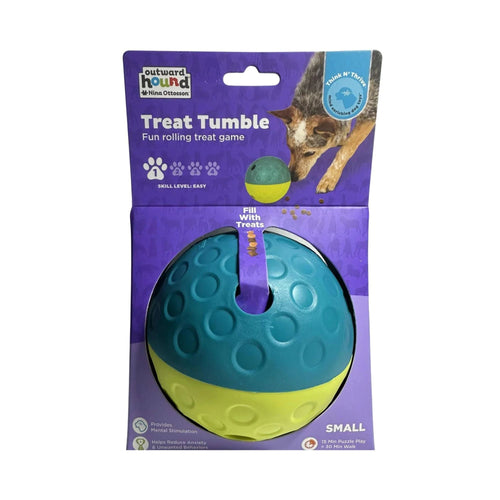 Front of the Nina Ottosson Treat Tumble (Small) packaging, blue and yellow ball, Level 1 Easy skill rating.