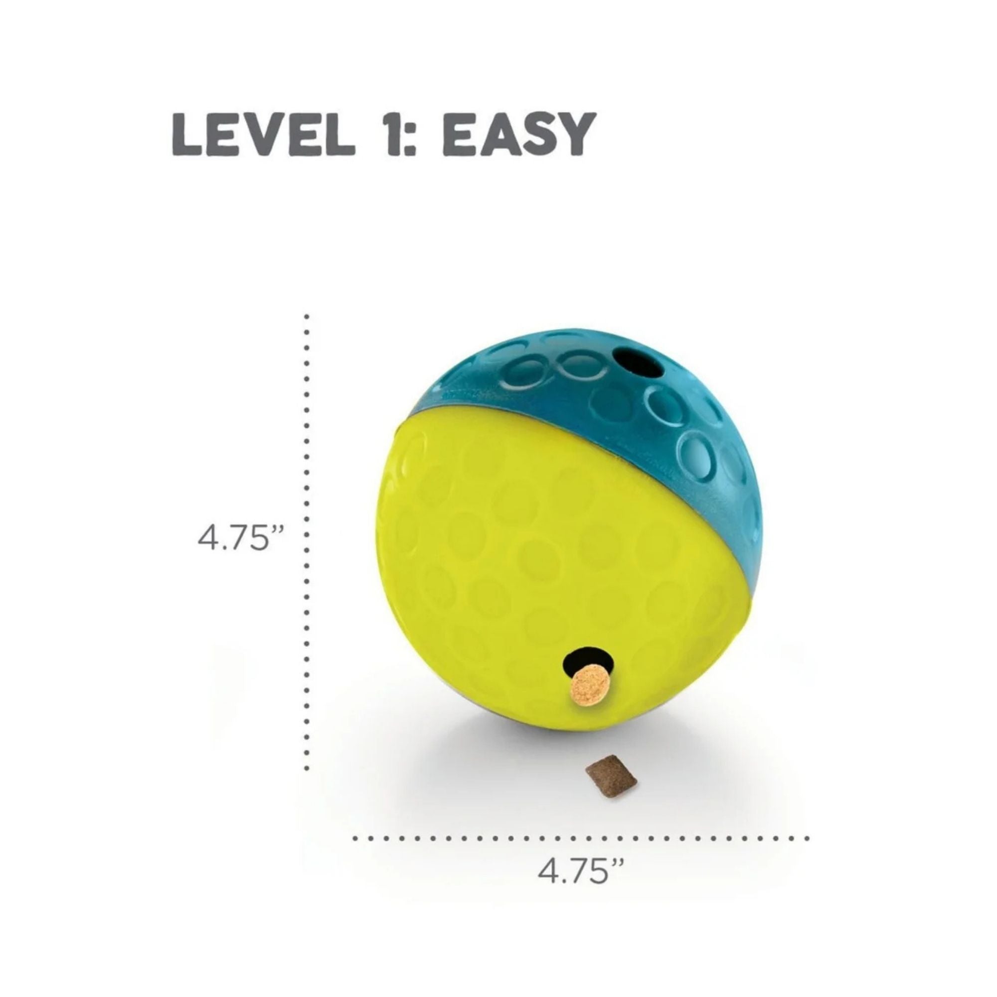 Nina Ottosson Treat Tumble Small size diagram showing 4.75 x 4.75 inch dimensions and Level 1 Easy skill rating.