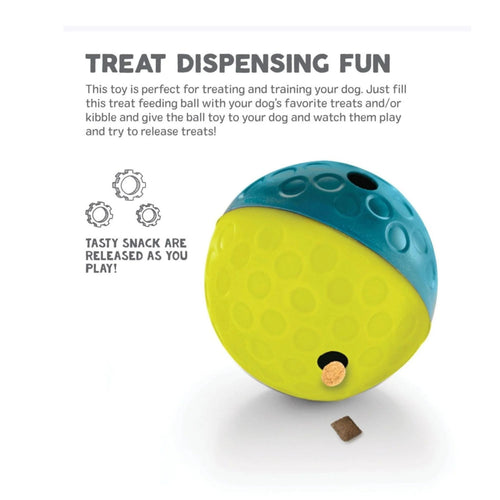Infographic showing how treats are released from the Nina Ottosson Treat Tumble as a dog plays with it.