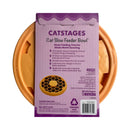 Back packaging showing benefits of Catstages Cat Slow Feeder Bowl orange.