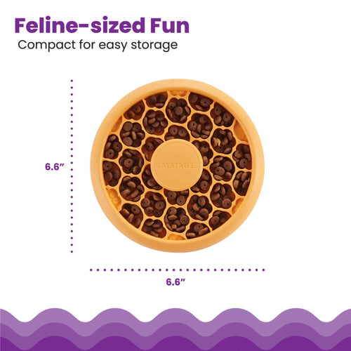 Catstages Cat Slow Feeder Bowl orange showing 6.6 inch by 6.6 inch compact design.