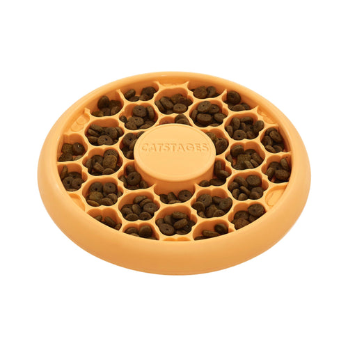 Outward Hound Catstages Cat Slow Feeder Bowl orange filled with dry food for cats.
