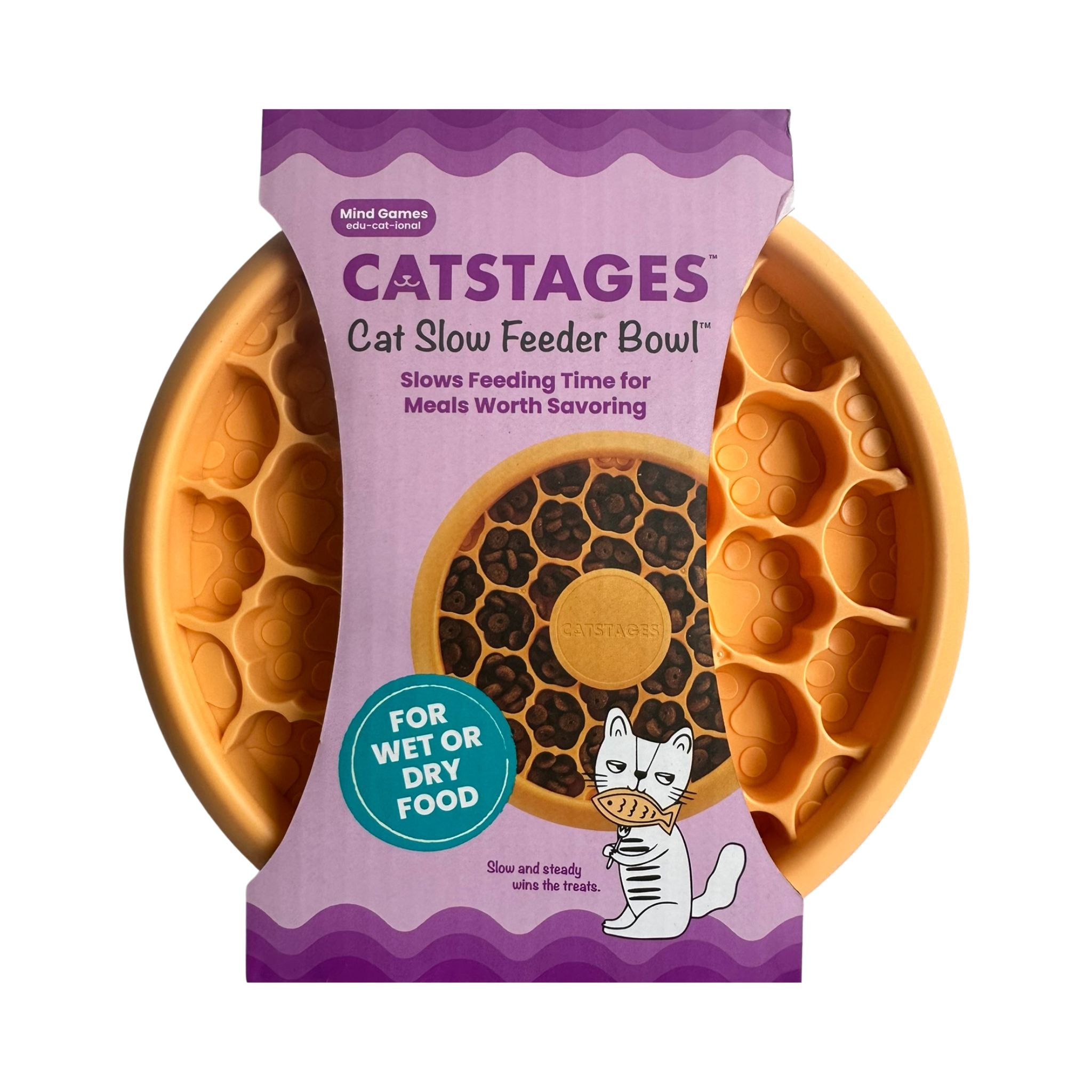 Front packaging of Catstages Cat Slow Feeder Bowl orange by Outward Hound.