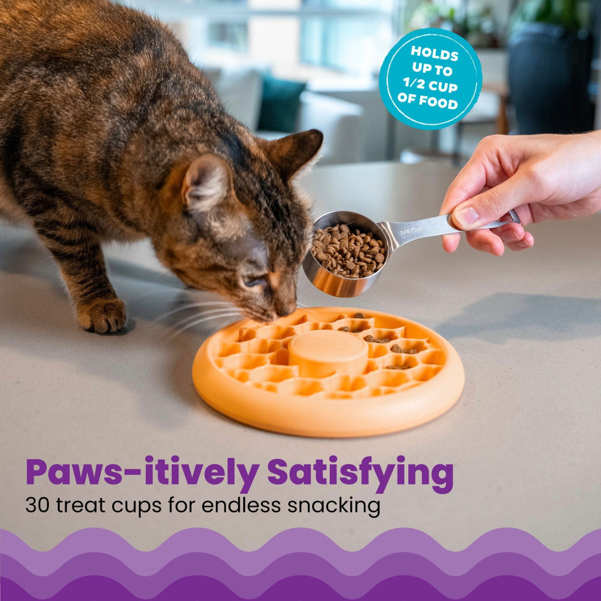 Catstages Cat Slow Feeder Bowl orange - 30 treat cups for holding up to half a cup of cat food.