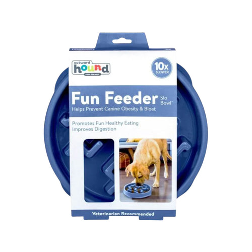 Blue Outward Hound Notch Design Fun Feeder - Slow Feed Dog Bowl featuring branded packaging with benefits.